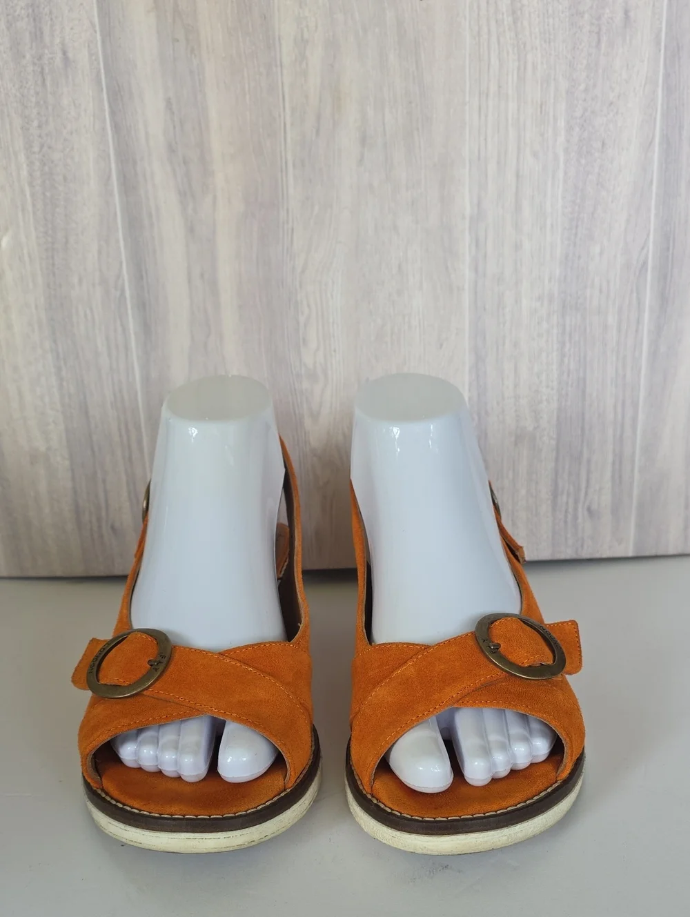 FLY London Burnt Orange Suede Mule Sandals Chunky Heel Buckle Straps Sz 38/7.5US